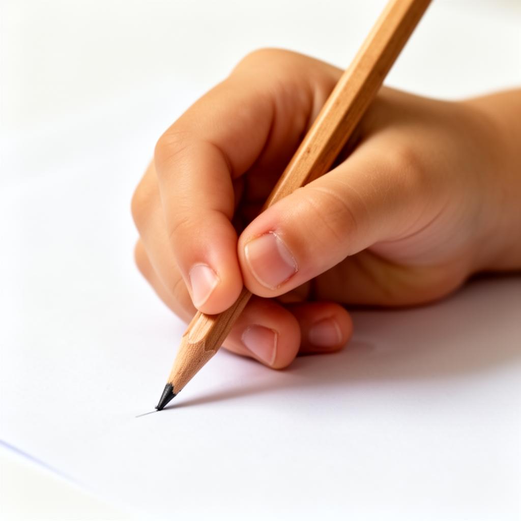 Kind hält einen Bleistift im Dreipunktgriff zwischen Daumen, Zeige- und Mittelfinger