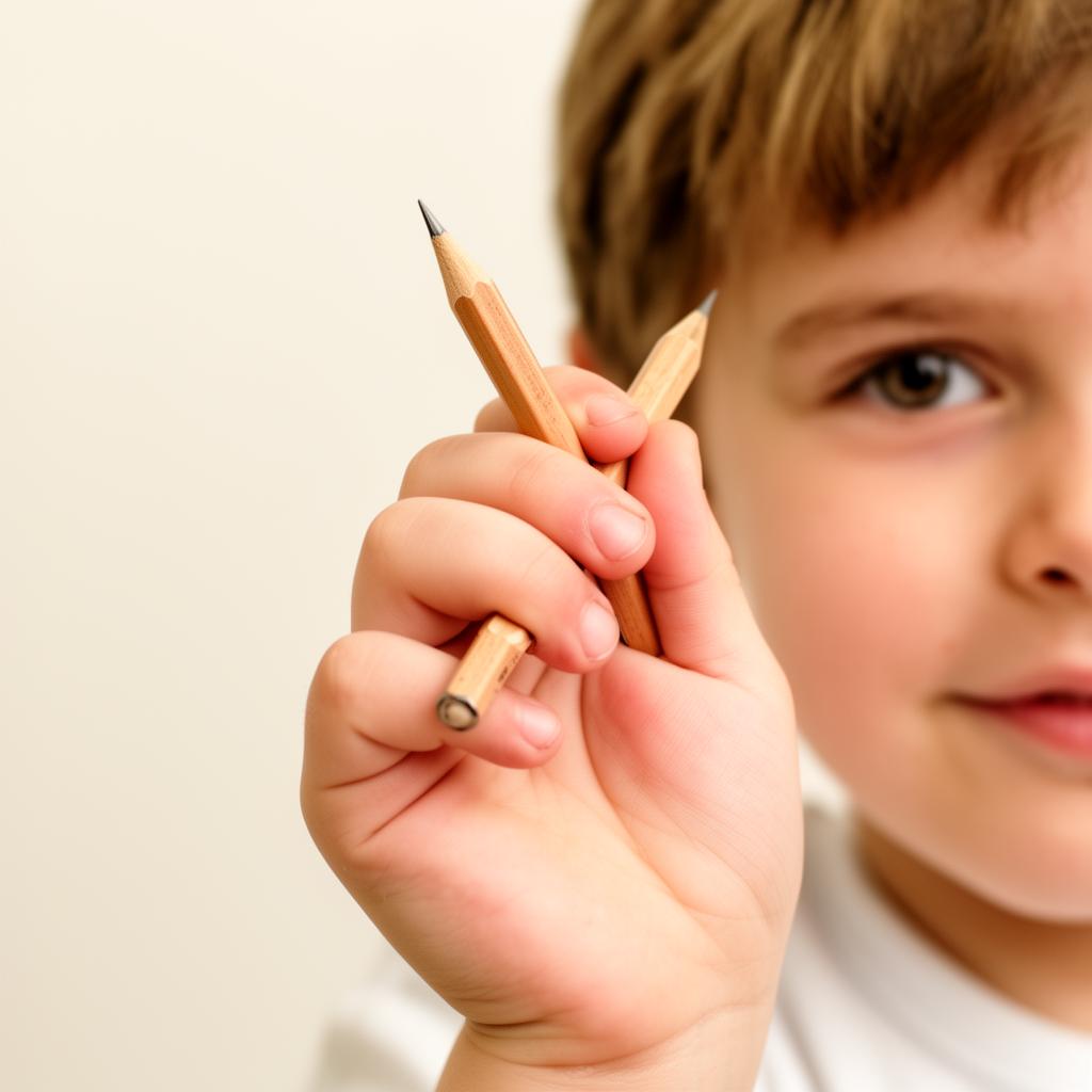 Kind hält einen Bleistift im Interdigitalgriff – der Stift liegt zwischen Zeige- und Mittelfinger