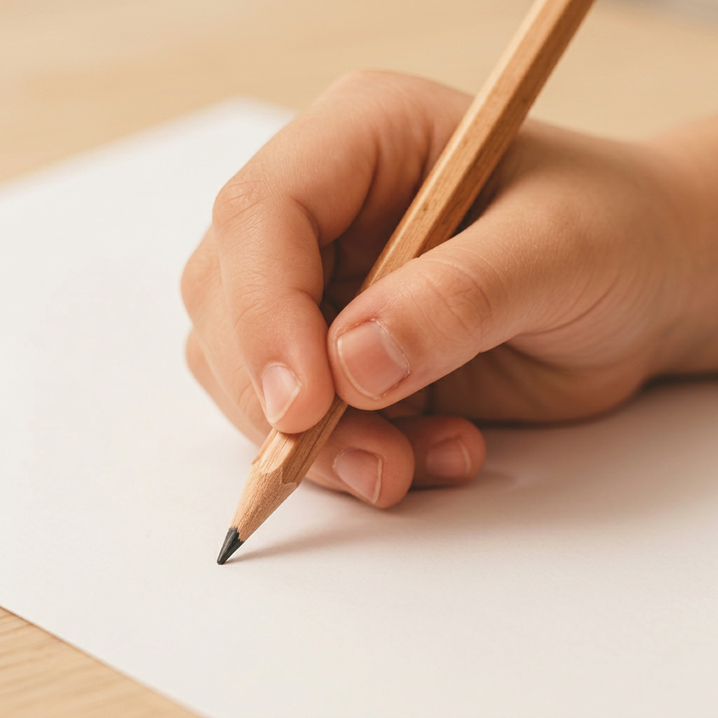 Kind hält einen Bleistift im Pfötchengriff – der Stift wird wie von einer Pfote umfasst