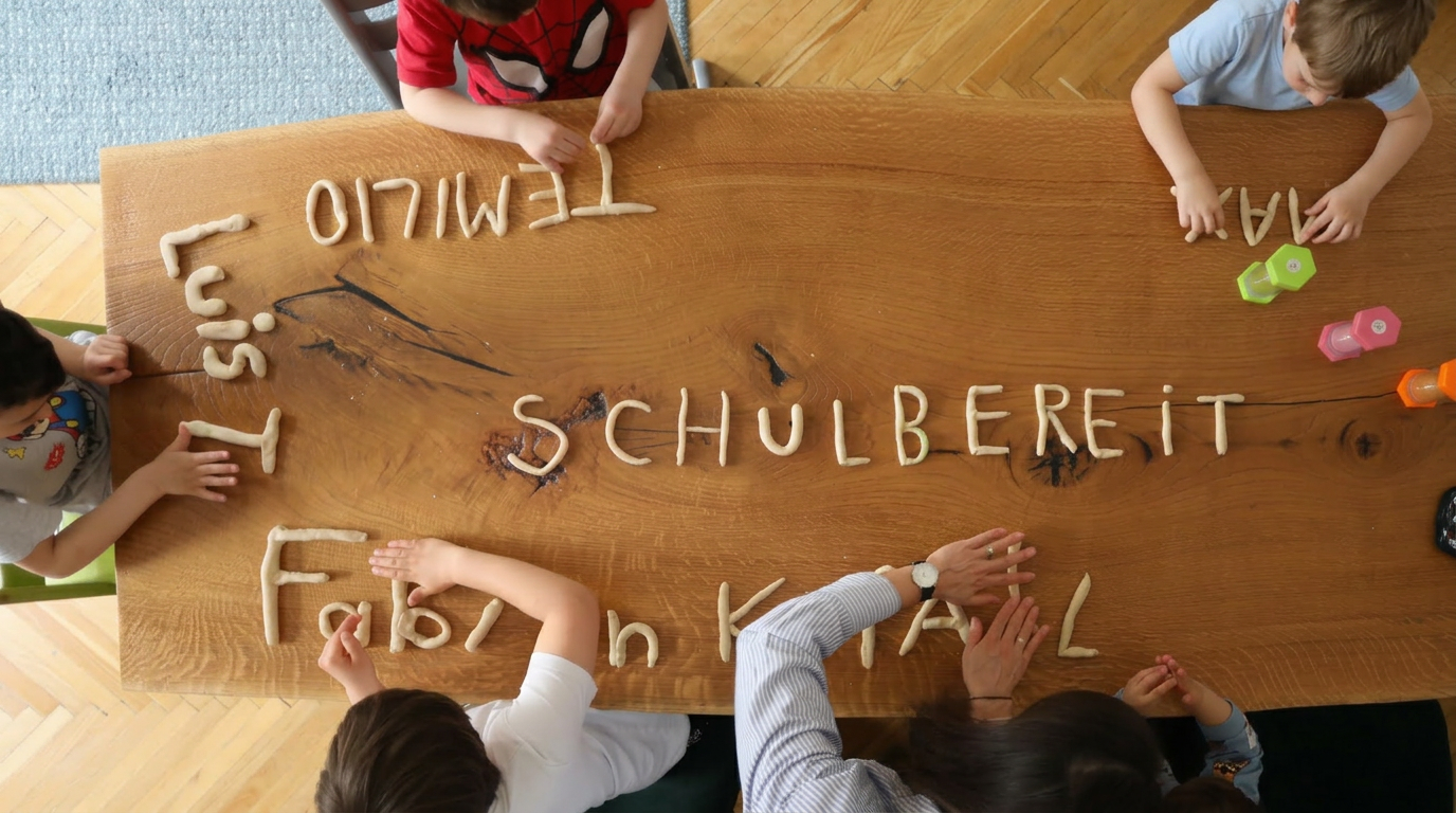 Kinder formen Buchstaben aus Teig auf einem Holztisch – schulbereit Block
